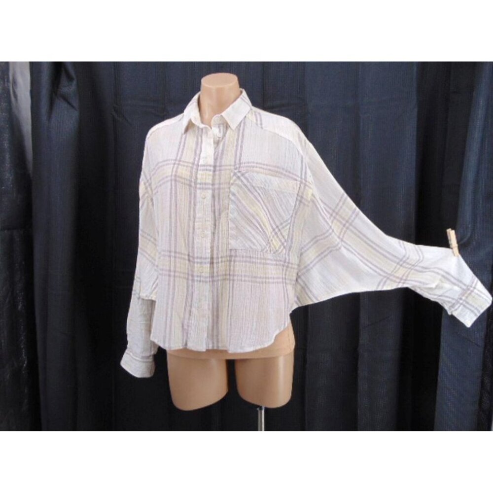 Free People Ivory Cutie Plaid Crop Top M Button Front Dolman Sleeves OB613778 - Picture 2 of 15